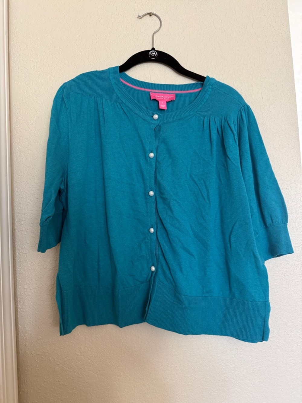 Isaac Mizrahi Teal Pearl-Button Short-Sleeve Cardigan
